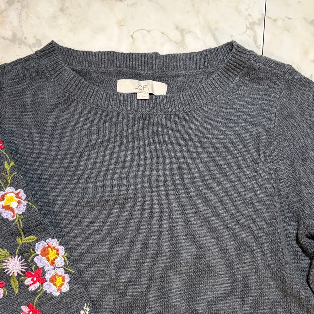 LOFT Charcoal Sweater with Colorful Floral Design